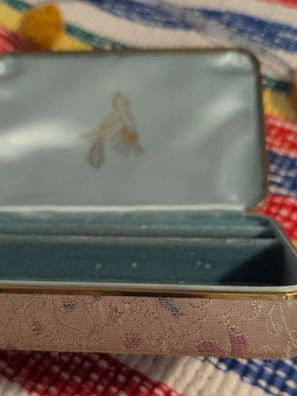 60s 70s Vintage Silk Brocade Travel Jewelry Box Birds Floral Motif Gold Trim